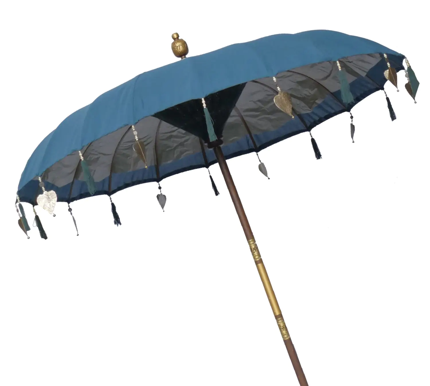  Product image 2 of the product “Bali umbrella, Blue 2 with wooden coins and gold leaves hanging around the edge. Approx. 190cm dia. and 250cm height ”